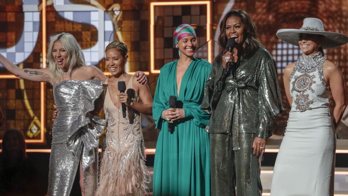Lady Gaga, from left, Jada Pinkett Smith, Alicia Keys, Michelle Obama and Jennifer Lopez at the 61st Grammy Awards at Staples Center on Sunday.