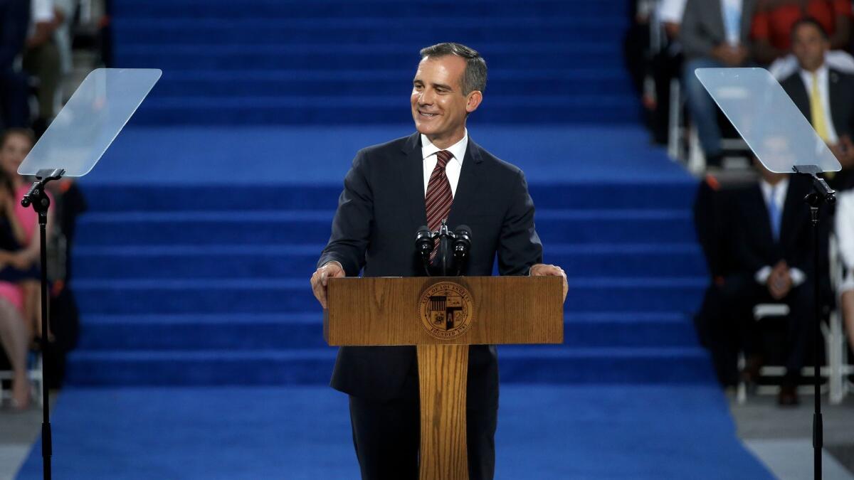 Los Angeles Mayor Eric Garcetti was sworn in for a second term earlier this month. At his inauguration, he described the city's emergence from a recession that "gutted" basic services.