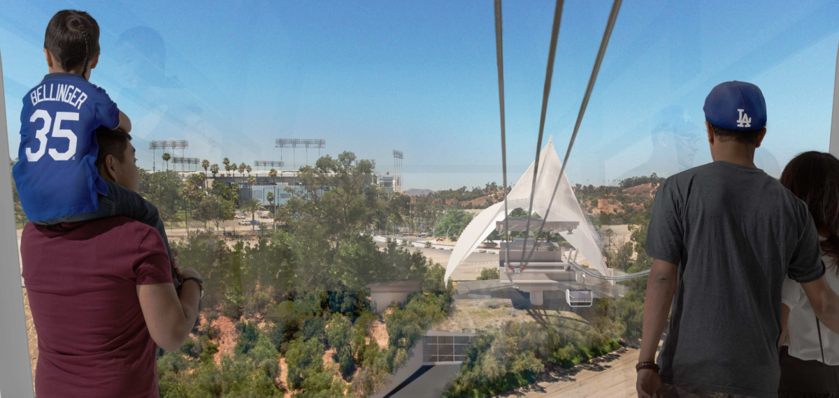 A rendering of the proposed aerial tram from Union Station to Dodger Stadium.