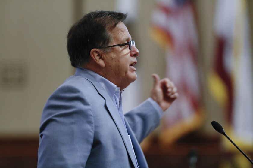 Former San Diego city attorney Mike Aguirre addressed board members of the California Public Utilities Commission in a public meeting held in Chula Vista.