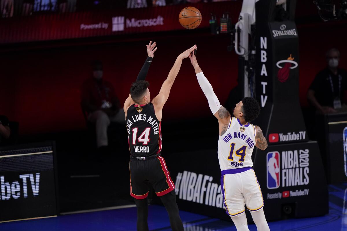 Heat guard Tyler Herro takes a shot against the Lakers during Game 3.