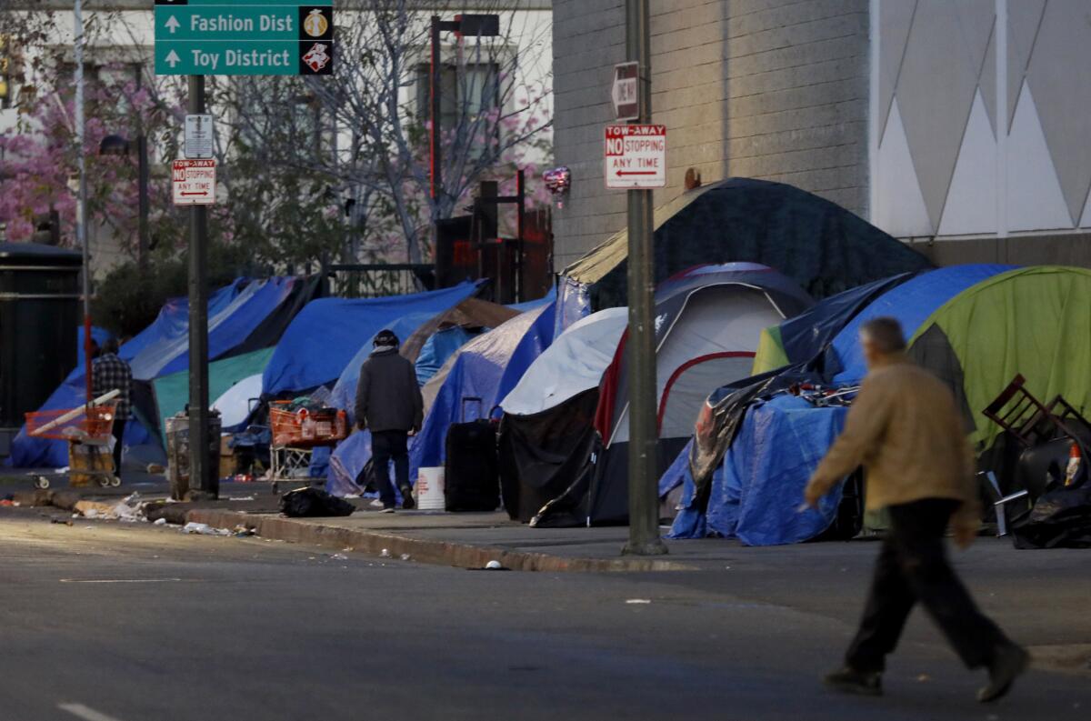 Tents line a street near in the skid row area of Los Angeles.