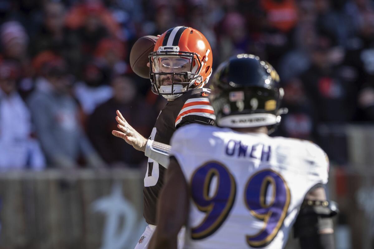 Cleveland Browns quarterback Baker Mayfield passes against the Baltimore Ravens on Sunday.