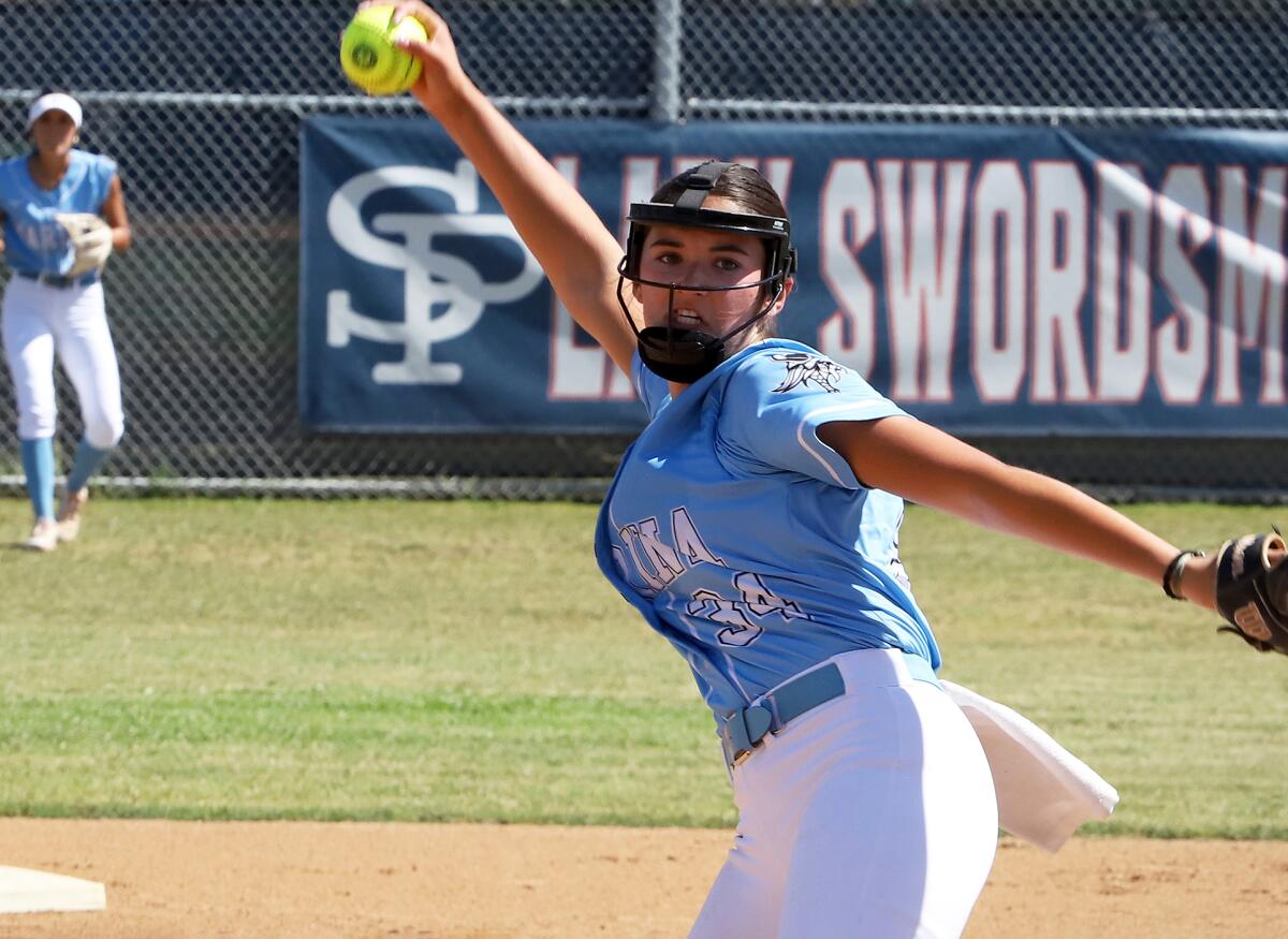 Marina's Mia Valbuena (34) recorded a dozen strikeouts against St. Paul on Wednesday.