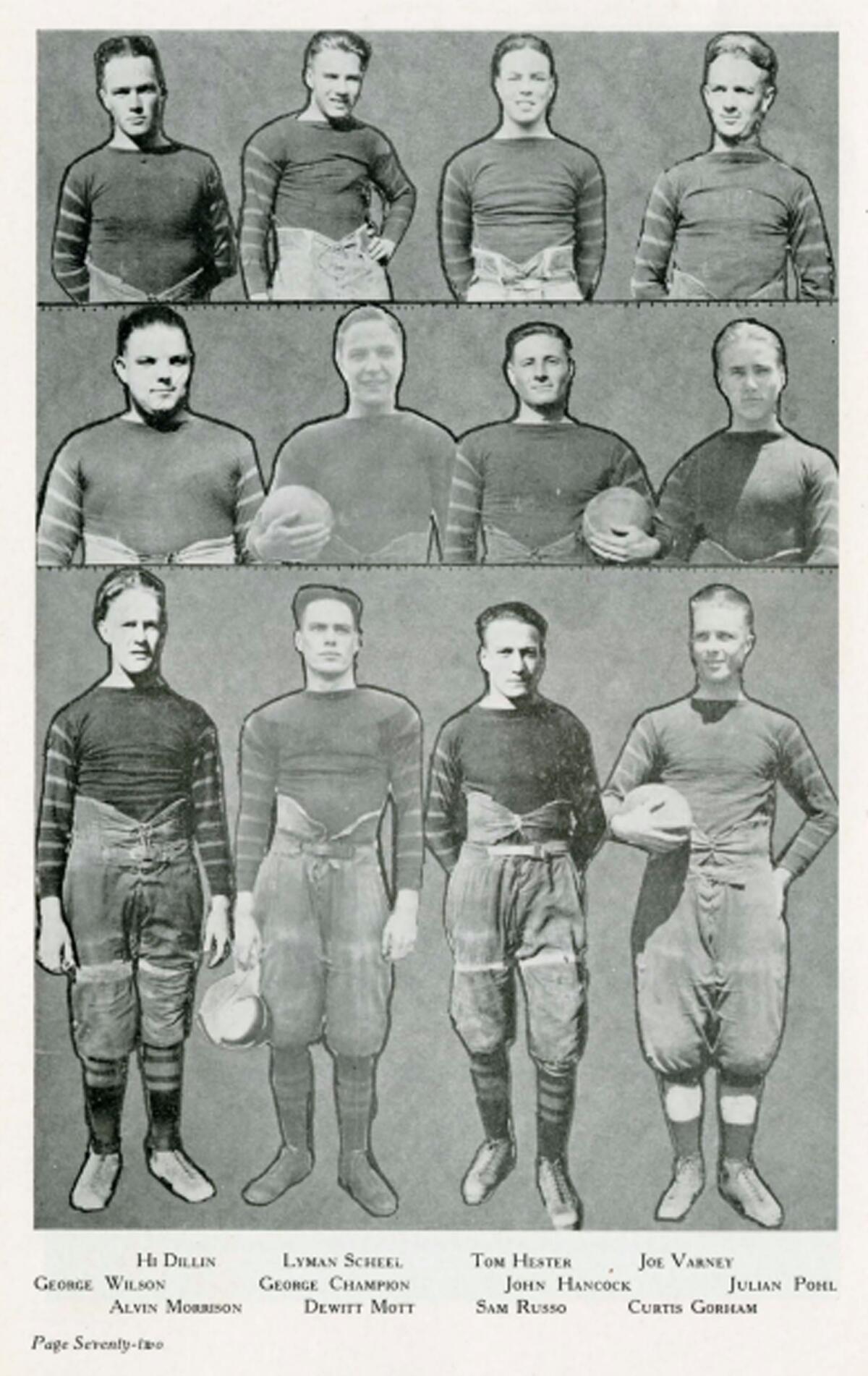 Members of San Diego State's 1921 football team were pictured on page 72 of Del Sudoeste, the school's 1922 yearbook.