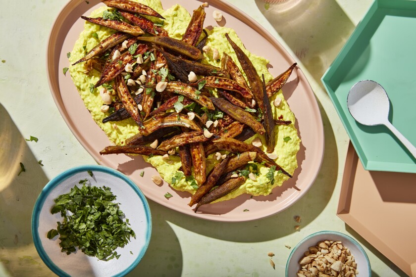 overhead shot of okra on labneh