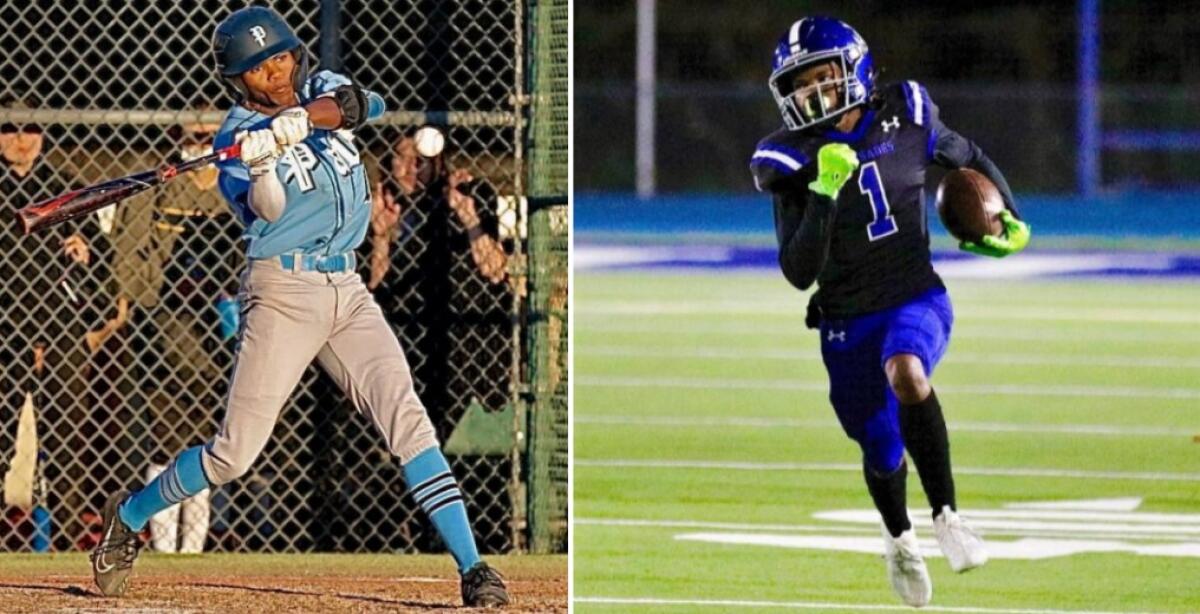 Amari Yolas of Palisades High is shown swinging a bat during a baseball game and running in the open field during football.