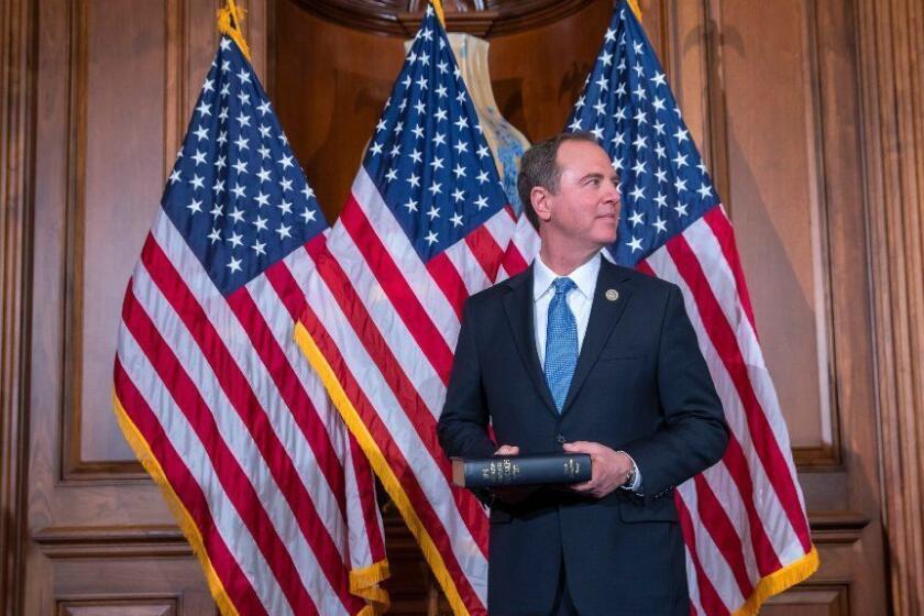 Mandatory Credit: Photo by ERIK S LESSER/EPA-EFE/REX (10047174t) Democratic Representative from California Adam Schiff waits to participate in a ceremonial swearing-in photograph with Democratic Speaker of the House Nancy Pelosi, during the first day of the 116th Congress at the US Capitol in Washington, DC, USA, 03 January 2019. First day of the 116th Congress in Washington, DC, USA - 03 Jan 2019 ** Usable by LA, CT and MoD ONLY **