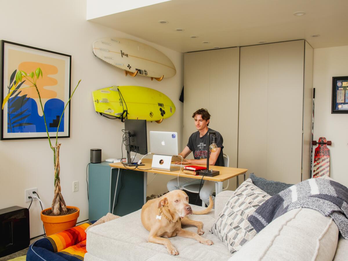 A man sits at his desk with a dog relaxing on a nearby couch. 