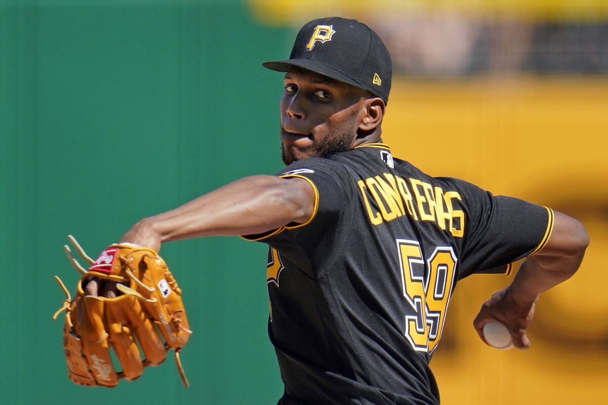 Pittsburgh Pirates starting pitcher Roansy Contreras delivers during the first inning of a baseball game against the Arizona Diamondbacks in Pittsburgh, Saturday, June 4, 2022. (AP Photo/Gene J. Puskar)