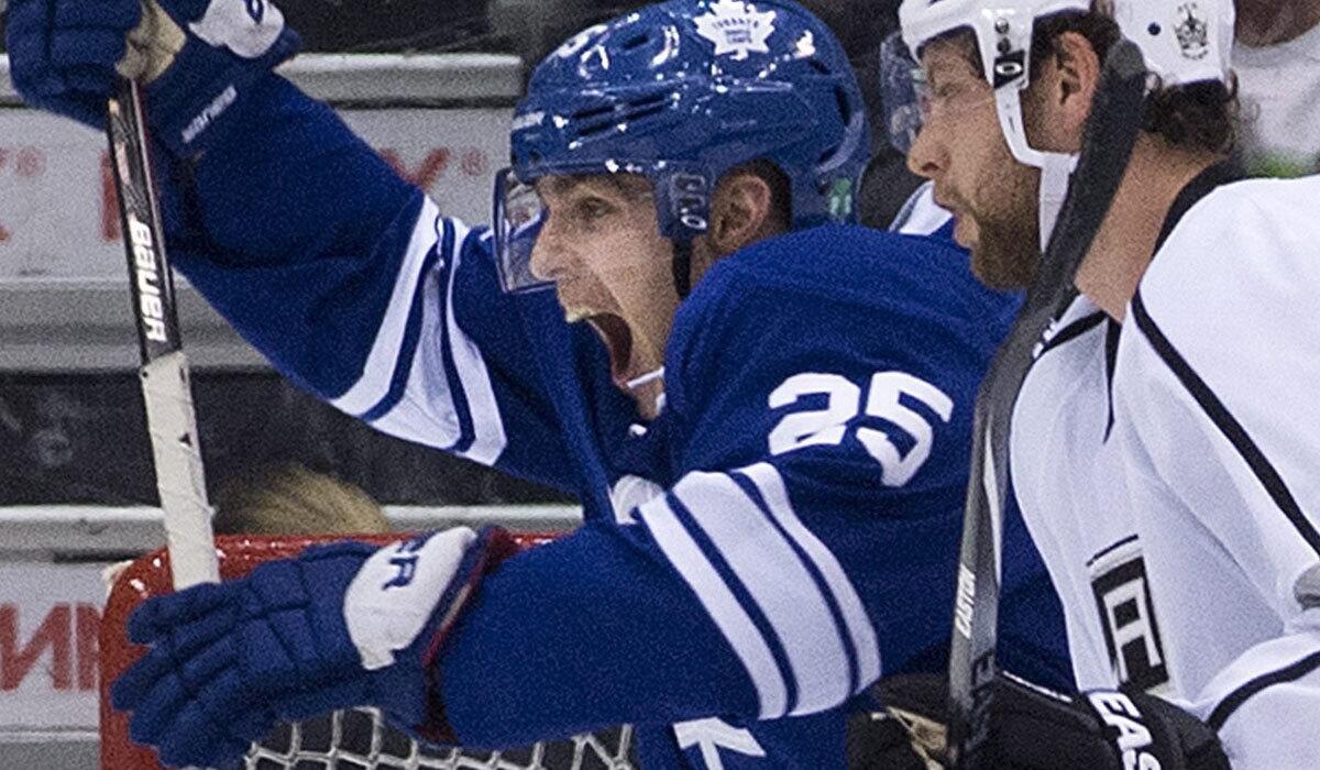 Toronto Maple Leafs forward Mike Santorelli celebrates against the Kings in December.