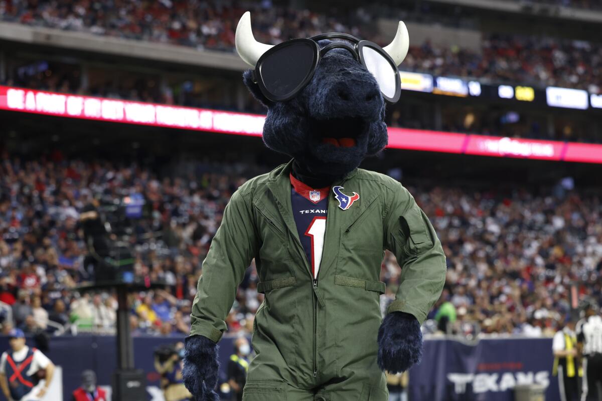 Houston Texans mascot Toro wearing a salute to service flight suit 