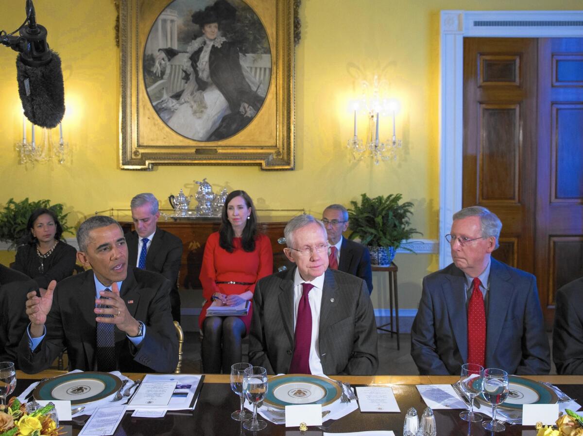 "There's going to be some specific work that has to get done during the next several weeks," President Obama said at Friday's White House meeting with congressional leaders, including Democratic Senate leader Harry Reid, center, and Republican Senate leader Mitch McConnell, right.