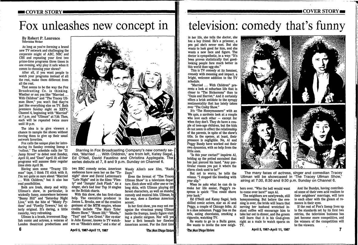 "Fox unleashes new concept in television: comedy that's funny," from The San Diego Union, Sunday, April 5, 1987.