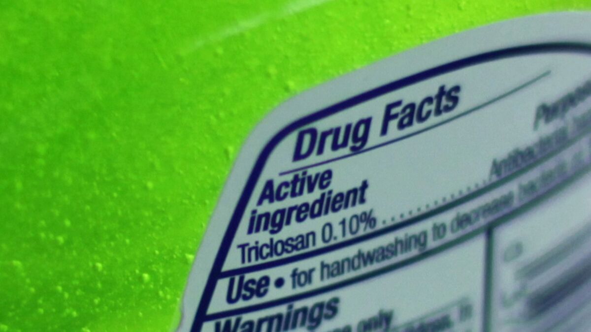 This bottle of antibacterial soap contains triclosan, though it is being phased out of many products because of health concerns.