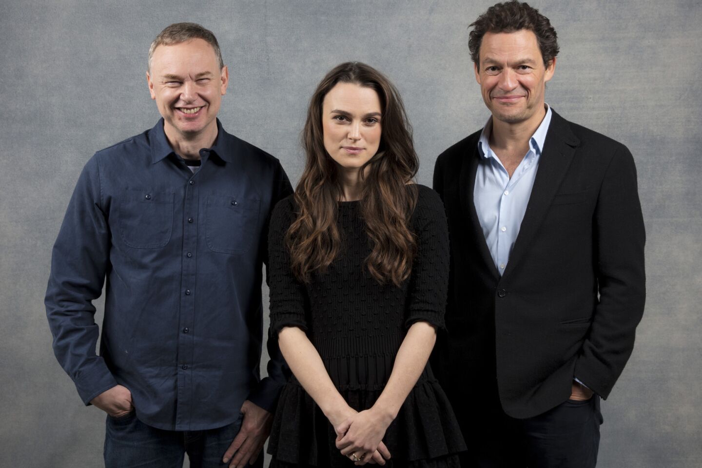 Director Wash Westmoreland, actress Keira Knightley, and actor Dominic West, from the film, "Collette," photographed in the L.A. Times Studio at Chase Sapphire on Main, during the Sundance Film Festival in Park City, Utah, Jan. 21, 2018.
