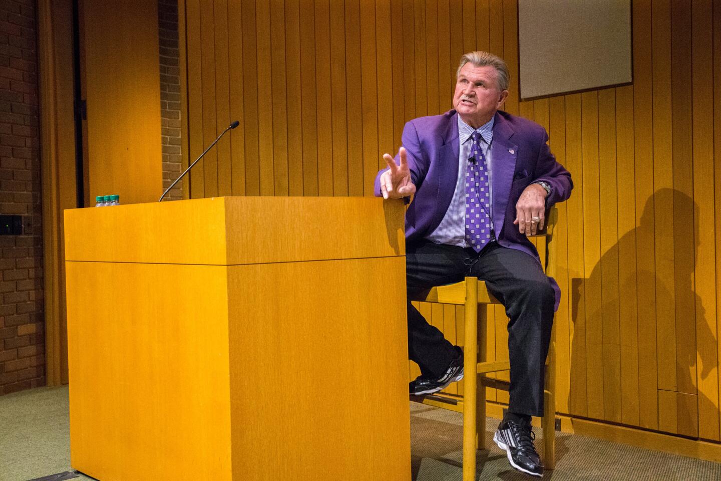 Mike Ditka addresses the IHSA football coaches in August 2015. Ditka and other football coaches speak about getting rid of contact during high school practices.