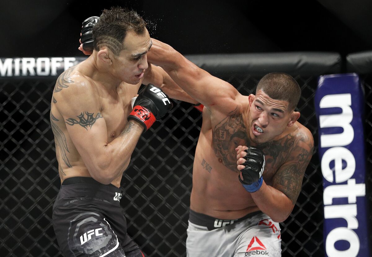 FILE - Anthony Pettis, right, punches Tony Ferguson during a lightweight mixed martial arts bout at UFC 229 in Las Vegas, on Oct. 6, 2018. Pettis is slated to fight Stevie Ray in the Professional Fighters League playoffs Friday night, Aug. 5, 2022, at the Hulu Theater at Madison Square Garden in New York. (AP Photo/John Locher, File)