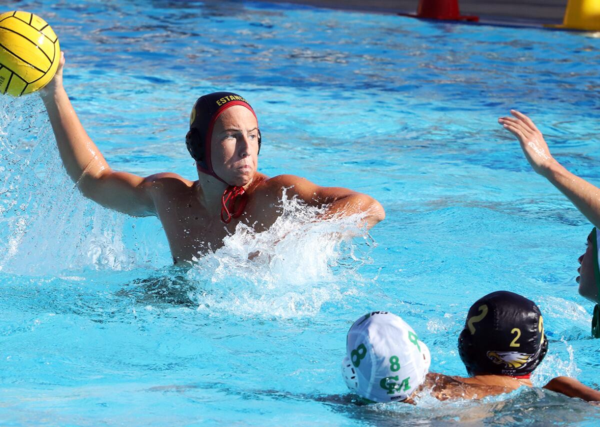Estancia's Max McNiff (8) shoots to the goal during Wednesday's match against Costa Mesa.