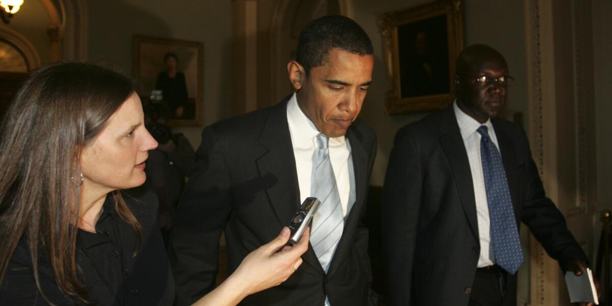 The author alongside then-Sen. Barack Obama a decade ago this week, when he announced plans to explore a run for the presidency.