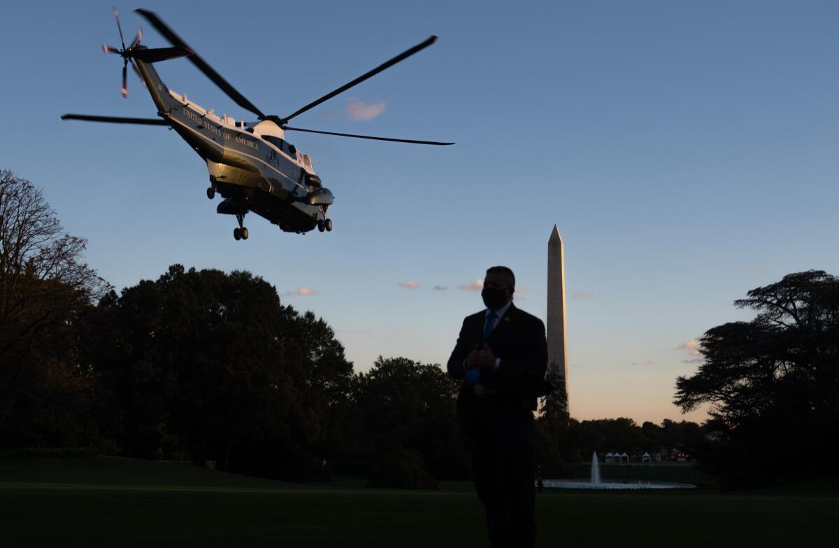Marine One, with Trump aboard, departs from the White House as he heads to Walter Reed Military Medical Center with COVID-19.