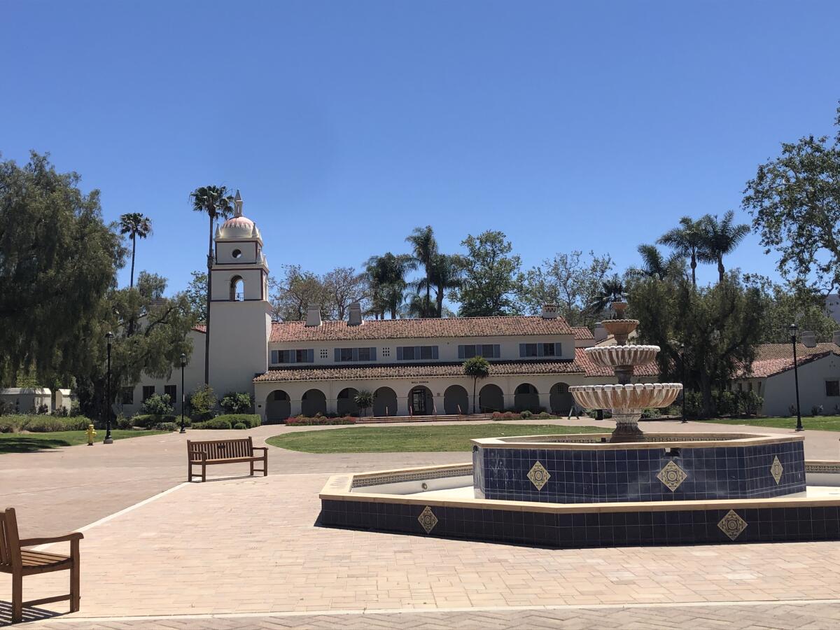 The bell tower and central mall of CSU Channel Islands in Camarillo.