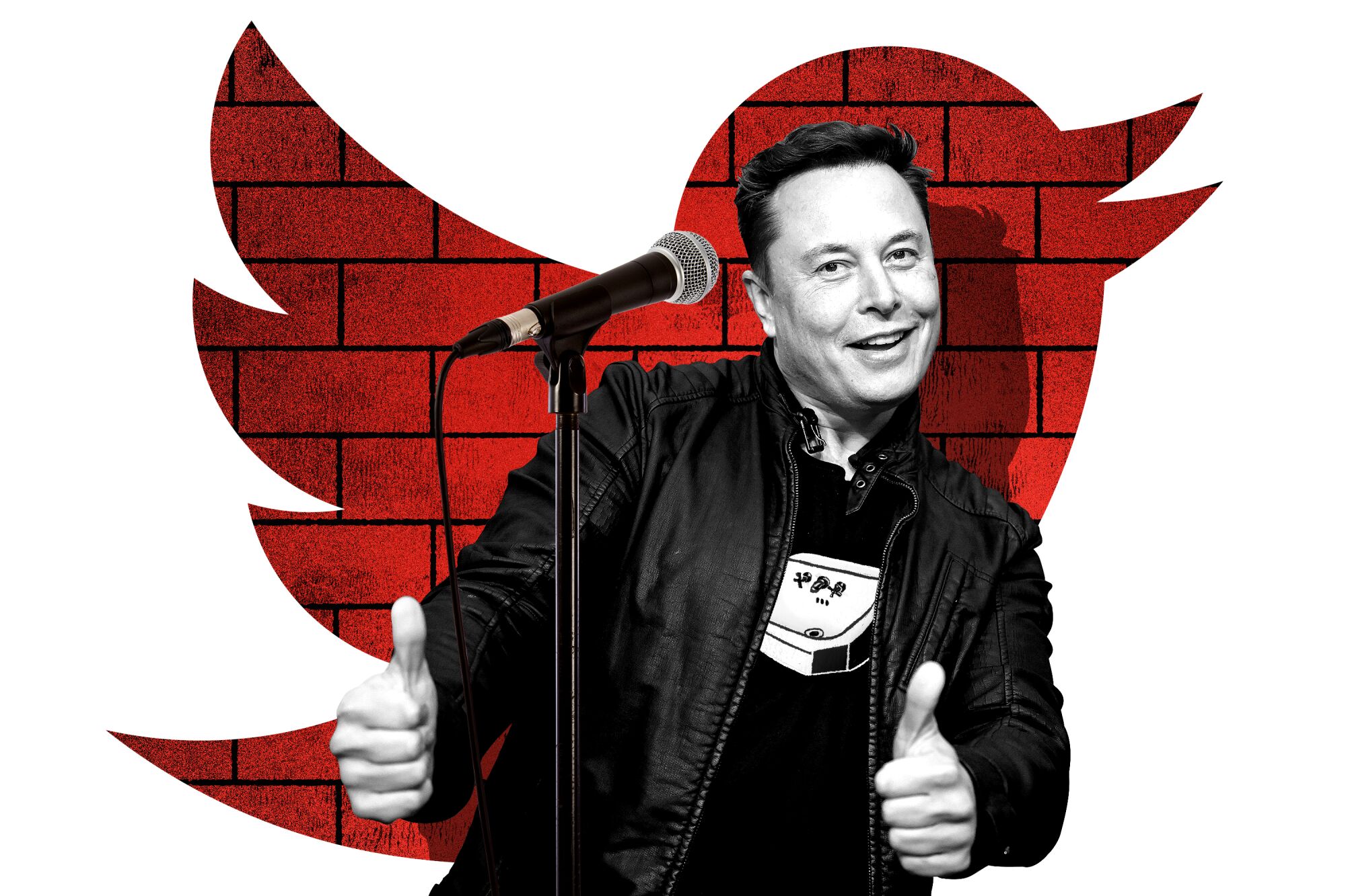 Photo illustration of Elon Musk doing stand-up comedy in front of a brick wall and twitter logo spotlight