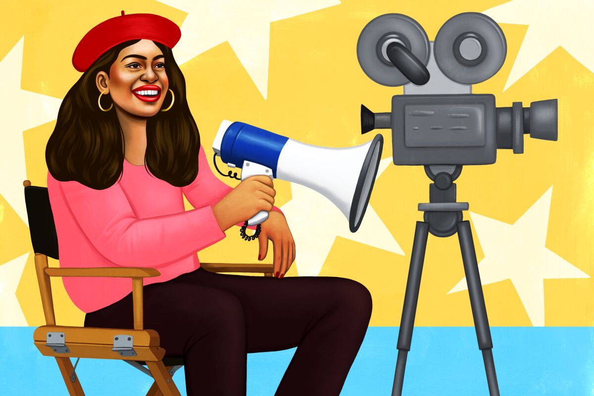 Illustration shows a TV director, wearing a beret and holding a megaphone, sitting next to a camera.