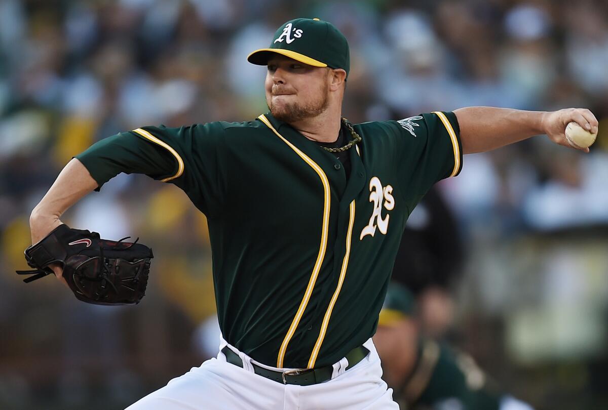 Oakland's Jon Lester struck out seven -- including Mike Trout three times -- in six innings Saturday during the Athletics' 2-1 victory over the Angels.