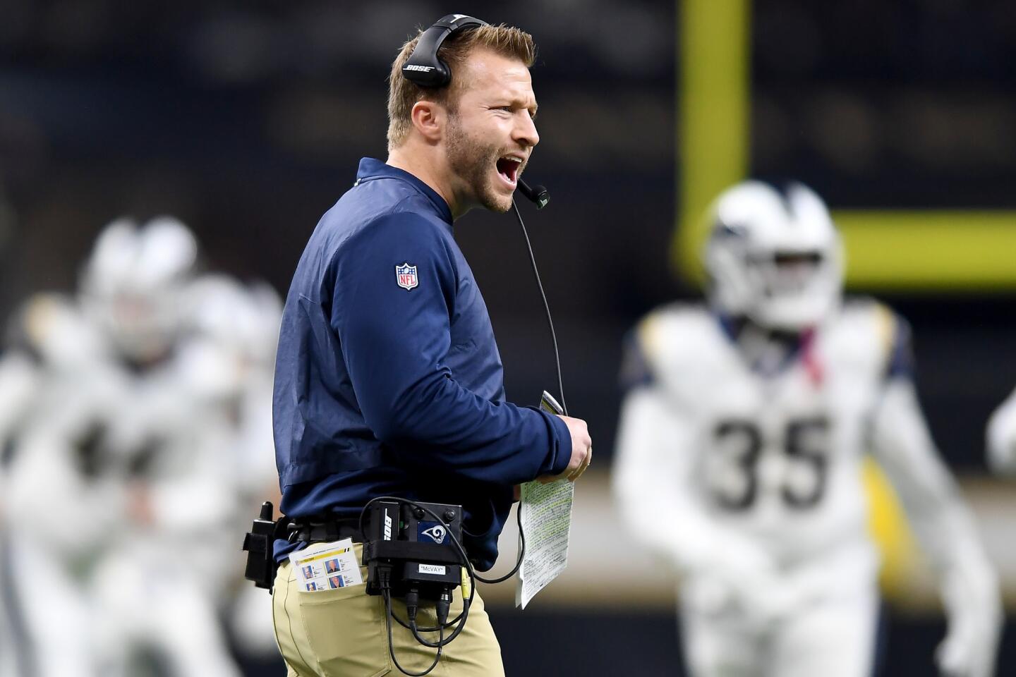 Rams head coach Sean McVay argues with a referee during a game against the New Orleans Saints in the NFC Championship at the Superdome in New Orleans Sunday.