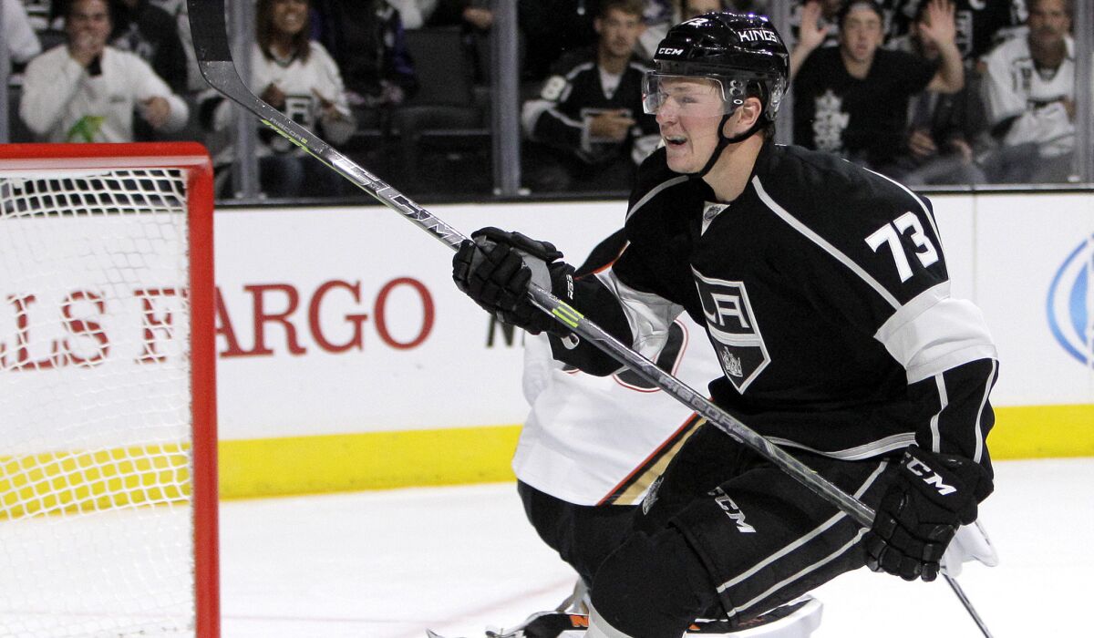 Kings center Tyler Toffoli, shown earlier this season against the Ducks, had a goal and an assist in his return to play Wednesday night.