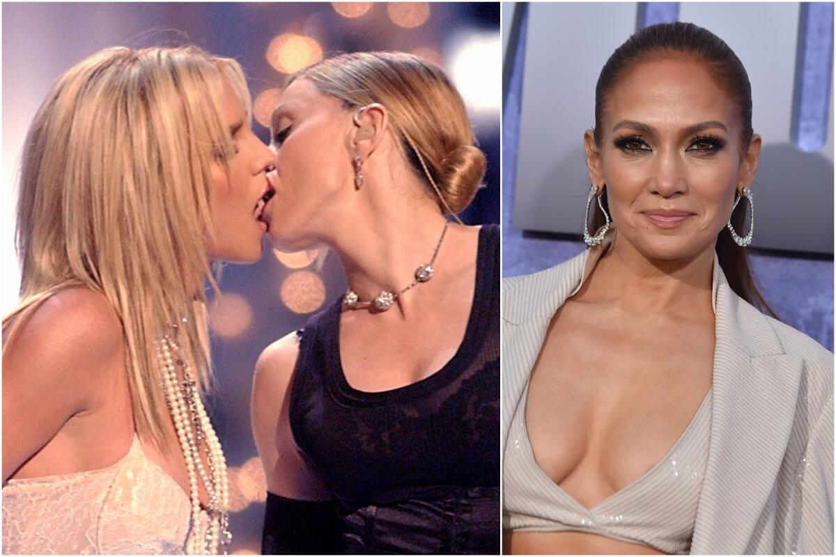 A split image of Britney Spears and Madonna kissing onstage, and Jennifer Lopez posing in a gray jacket and bra