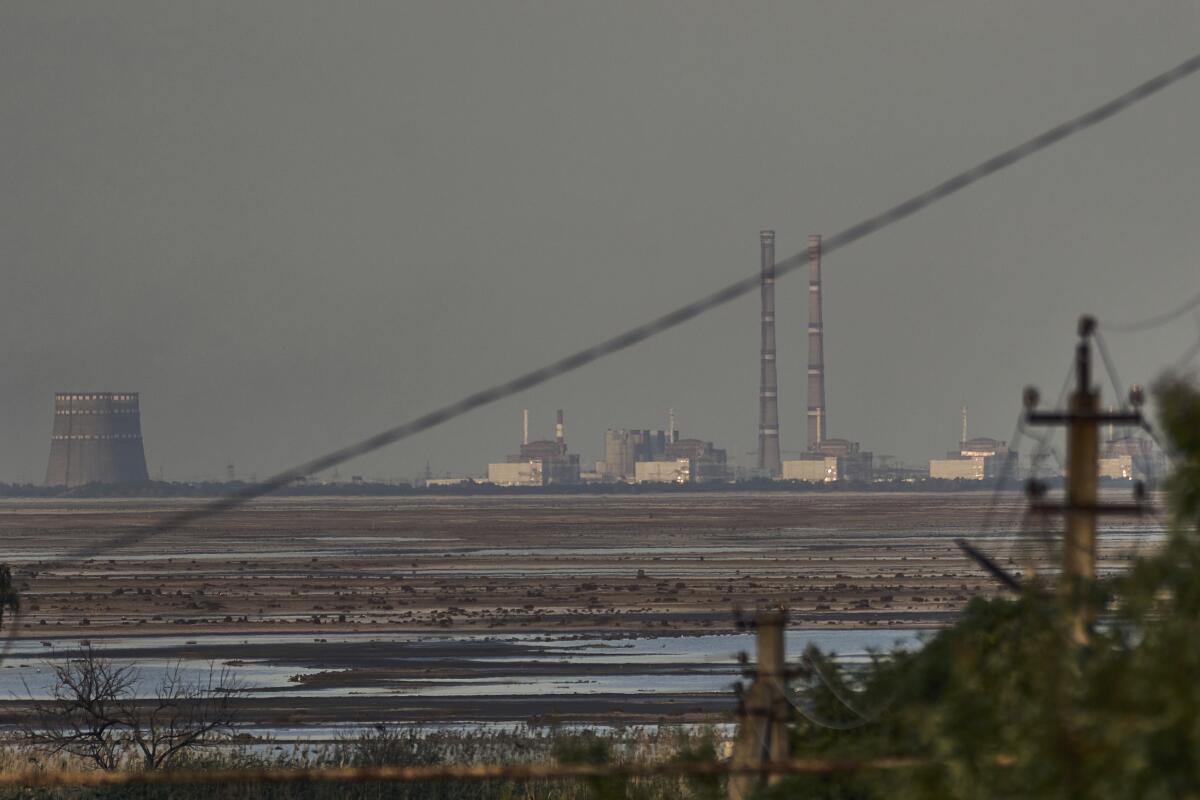 The Zaporizhzhia nuclear power plant, Europe's largest, is seen in the background of the shallow Kakhovka Reservoir.