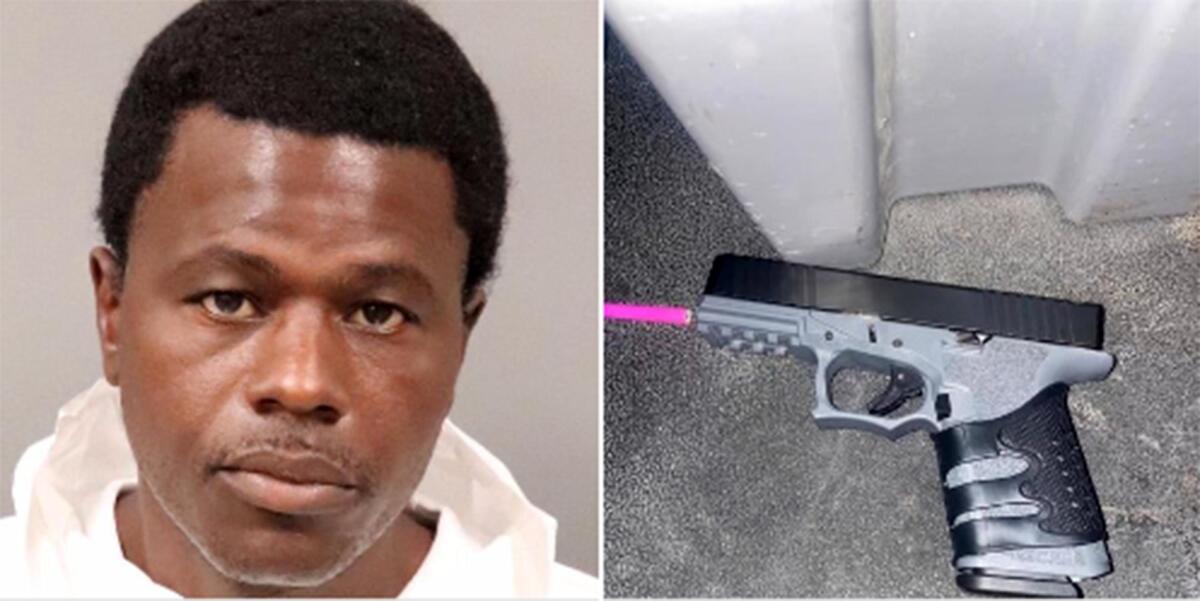 A mug shot of a man with short dark hair and a thin mustache alongside a photo of a gun.