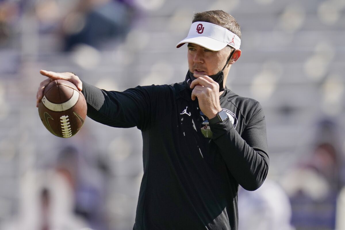 Oklahoma coach Lincoln Riley directs his team before a 2020 game against Kansas State 