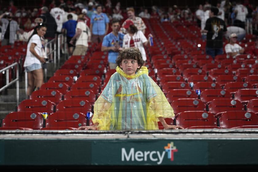 A fan stands near the St. Louis Cardinals dugout at the start of a rain delay during the sixth inning of a baseball game between the Cardinals and the Baltimore Orioles Tuesday, May 21, 2024, in St. Louis. (AP Photo/Jeff Roberson)