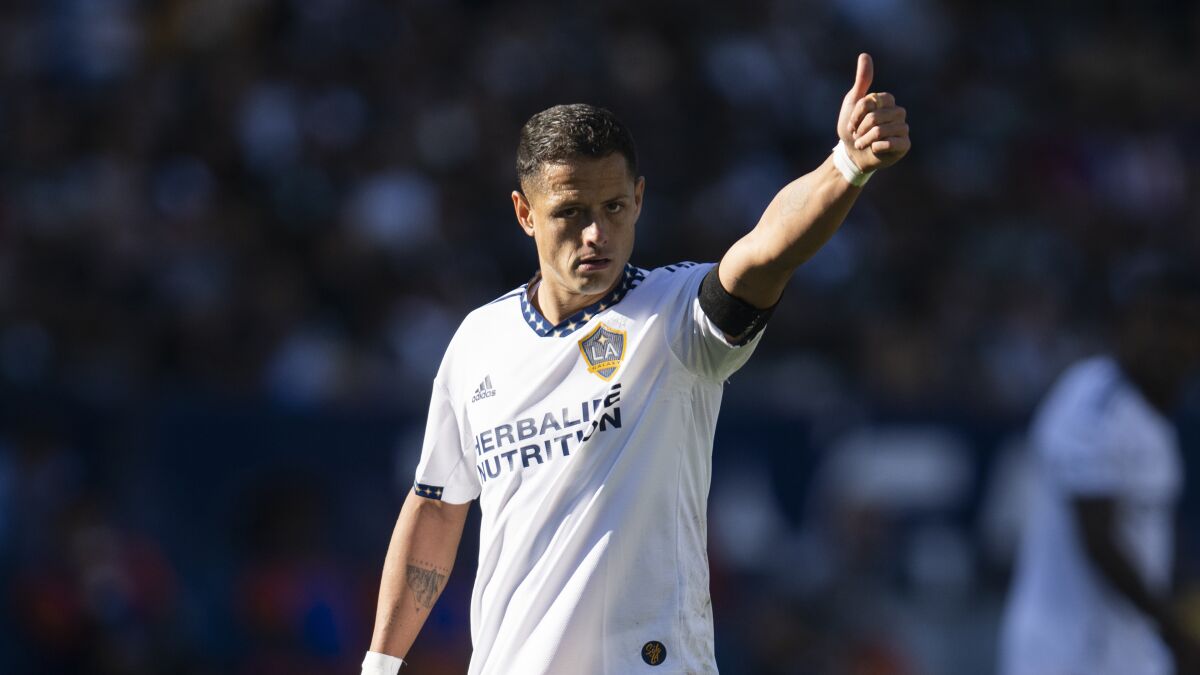 Galaxy forward Javier "Chicharito" Hernandez extends his arm and flashes a thumbs up during a match against New York City FC