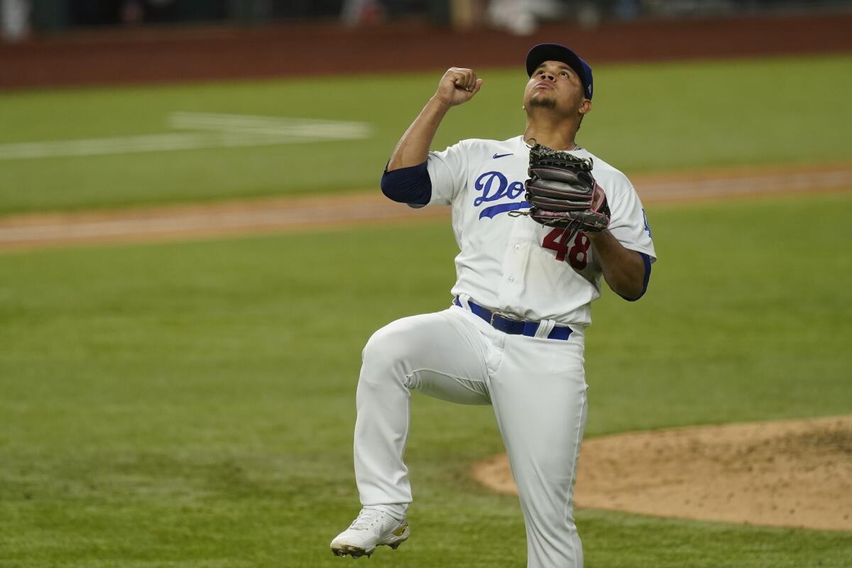 Dodgers starting pitcher Brusdar Graterol celebrates in the sixth inning of Game 7.