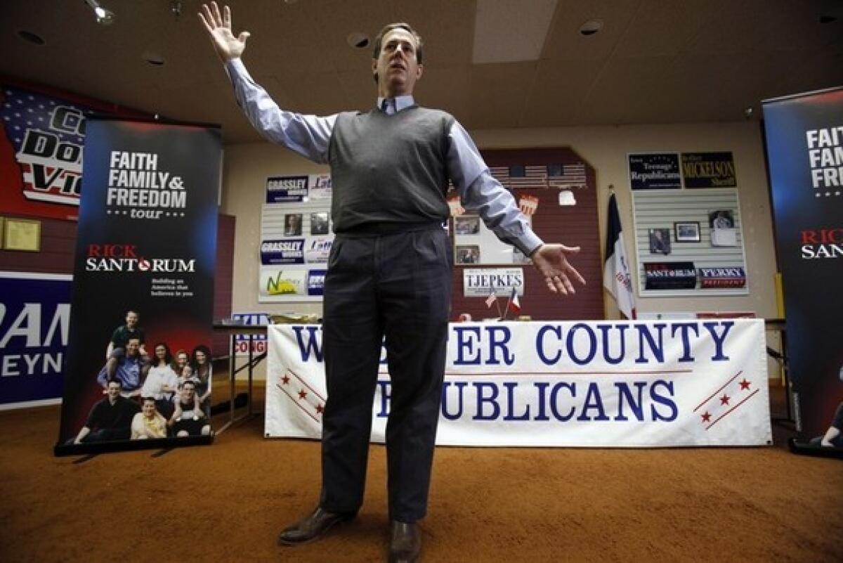 Rick Santorum speaks during a town hall meeting at the Fort Dodge GOP Headquarters in Iowa.