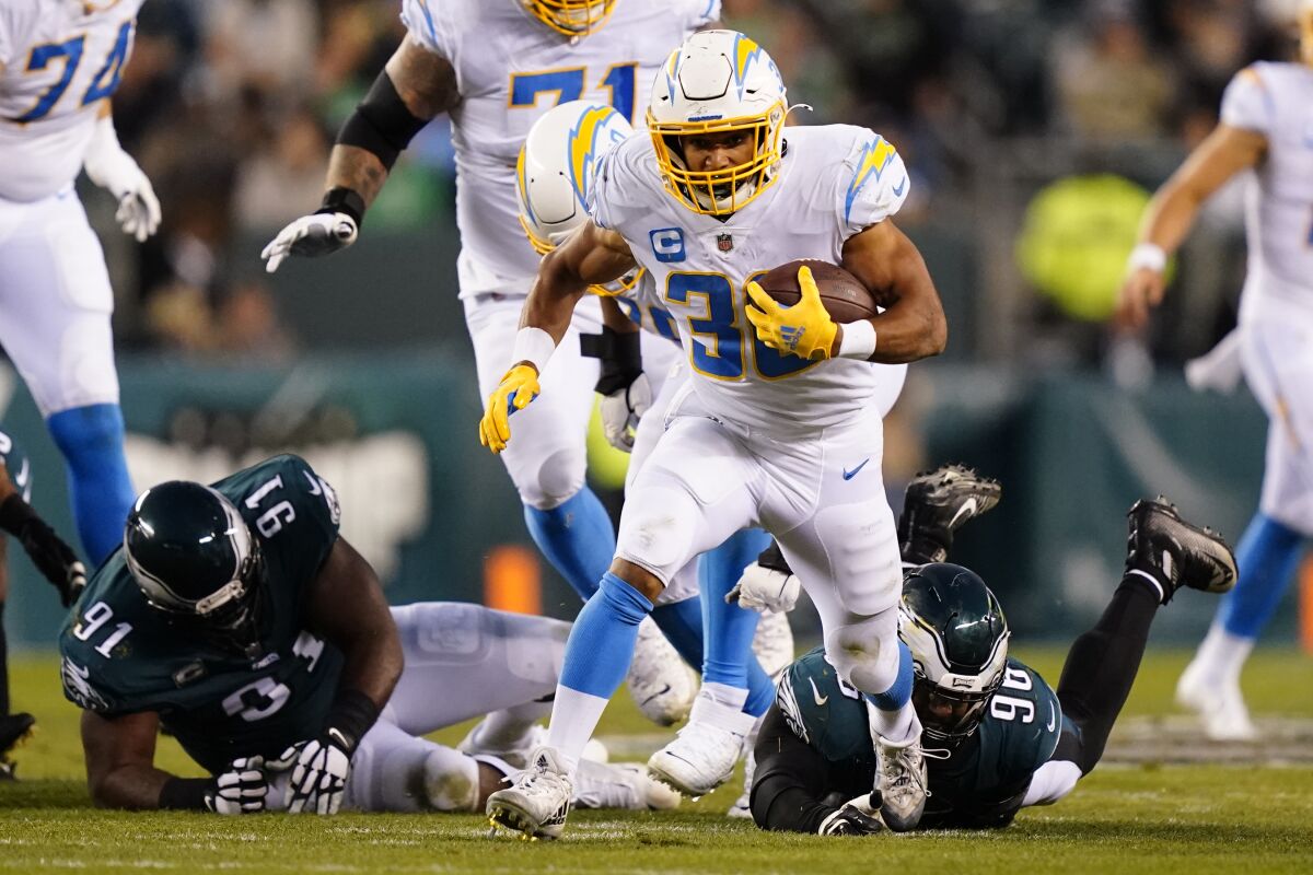 Los Angeles Chargers running back Austin Ekeler in action during an NFL football game.