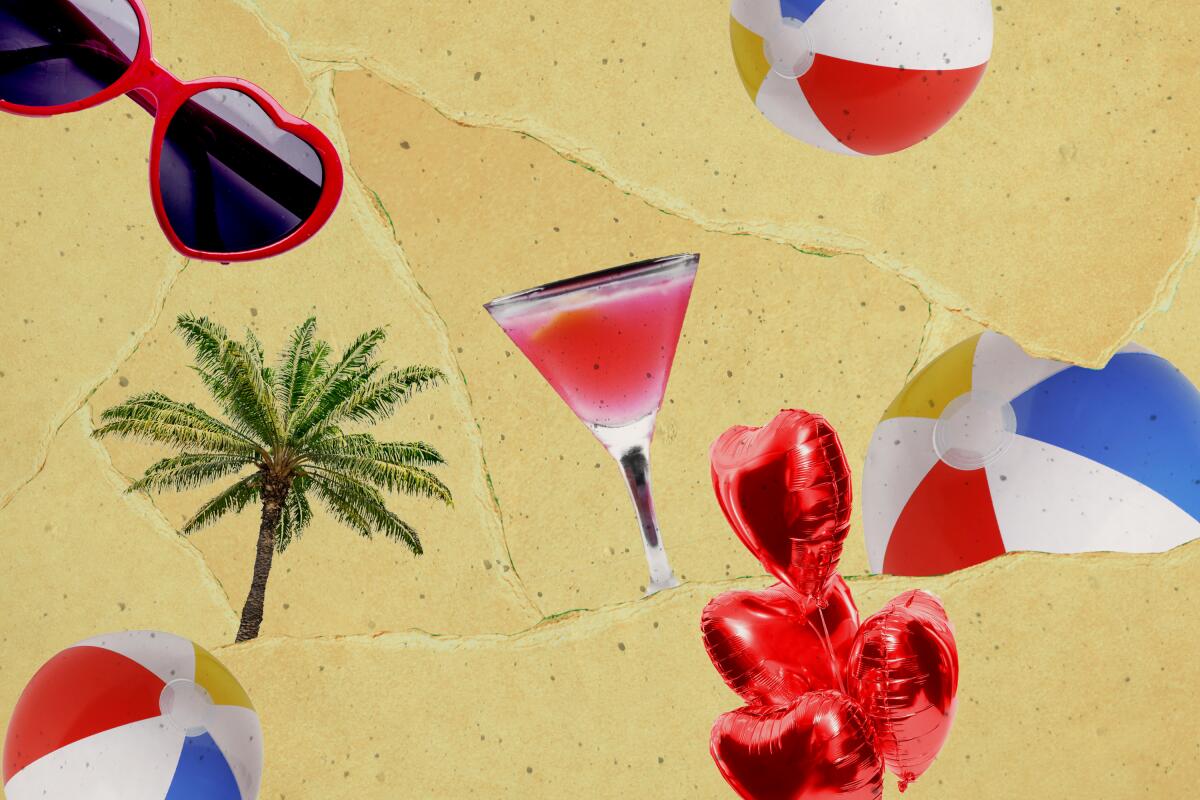 A collage with a beach ball, heart-shaped sunglasses and heart-shaped Mylar balloons. 