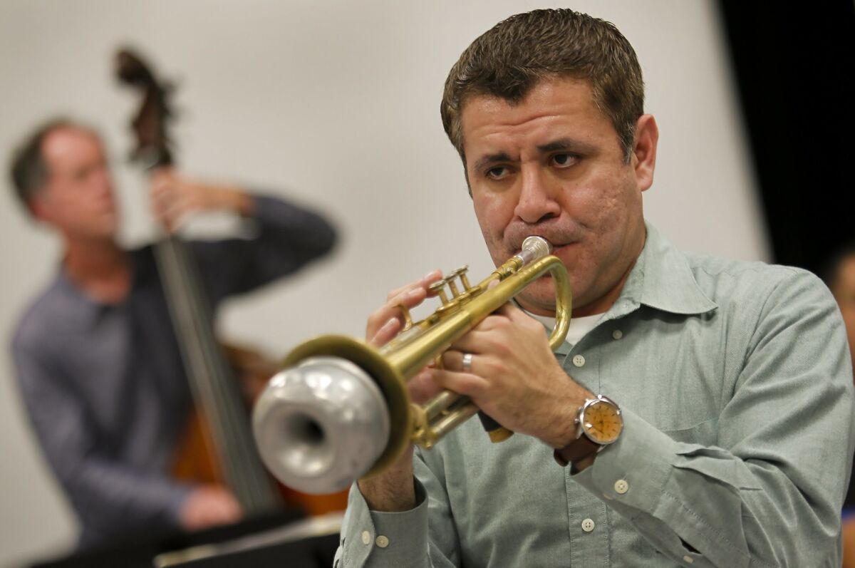 Trumpeter Gilbert Castellanos was again a major force on the San Diego jazz scene, as a performer, educator, curator and all-around champion for the music. He is shown here performing with leading area bassist Rob Thorsen.