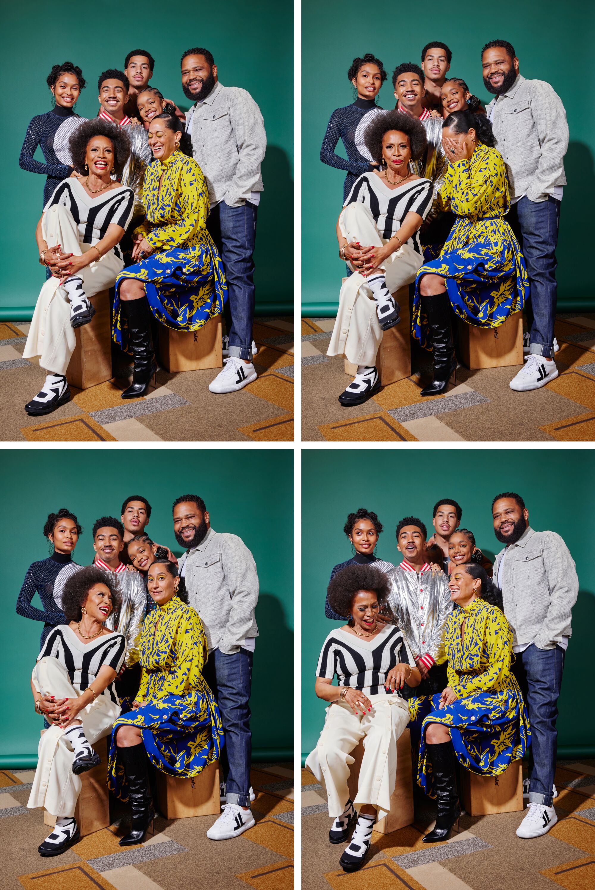 A grid of four portraits shows a group of people pose for a portrait in fancy clothing against a green backdrop.