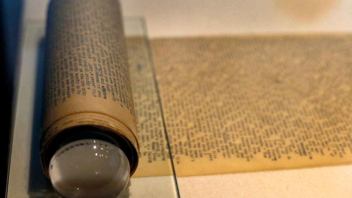 Jack Kerouac's manuscript of "On the Road" -- a 120-foot scroll -- is on display at the American Writers Museum in Chicago. (Charles Rex Arbogast / Associated Press)