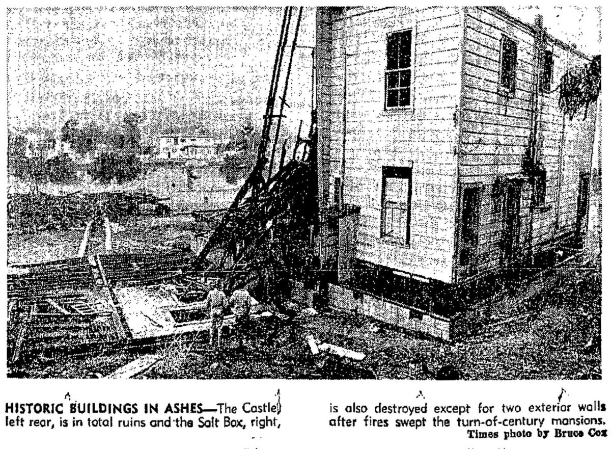 A reproduction of a Los Angeles Times clipping from Oct. 10, 1969, shows the ruins of the Castle, left, which was totally destroyed, and the still-standing remains of the Salt Box, right, after suspicious fire.