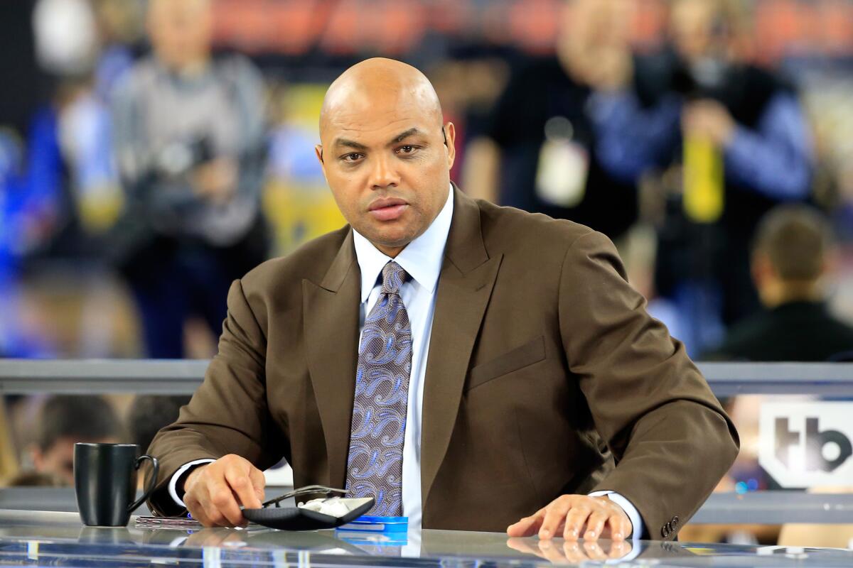 Charles Barkley works at the 2016 NCAA men's basketball championship game on April 4.