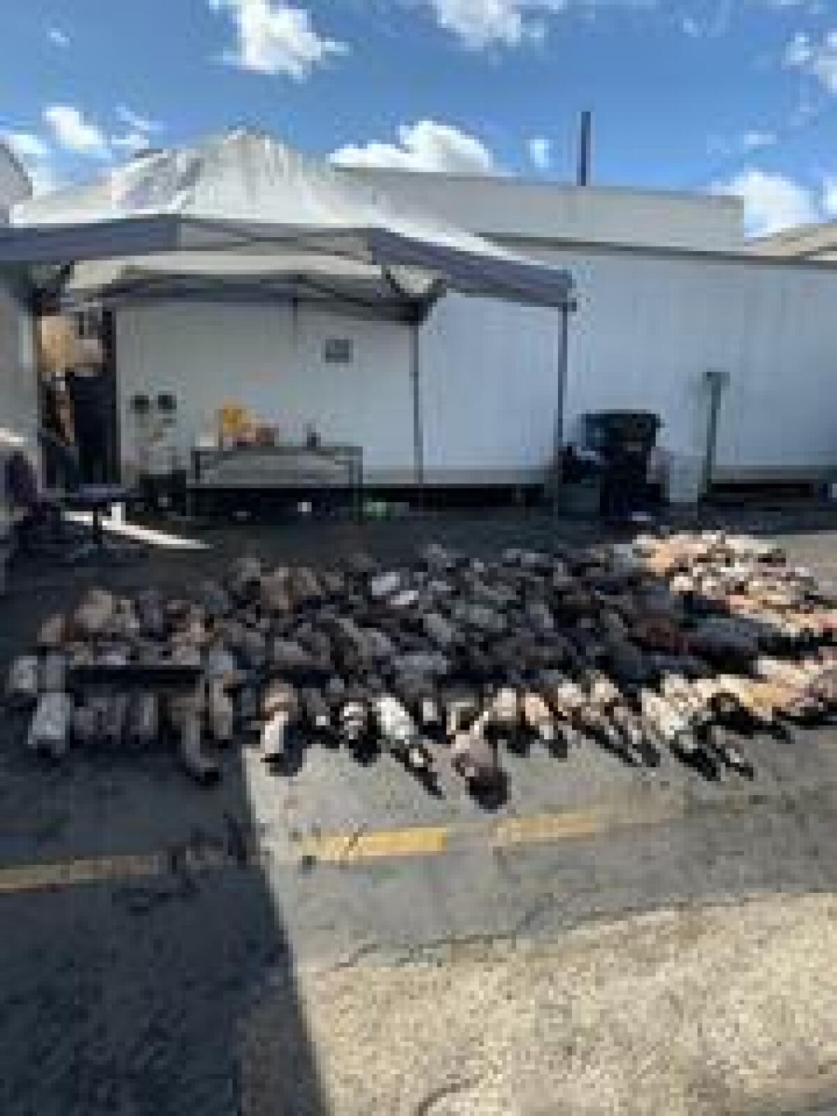 Several catalytic converters laid out on pavement.