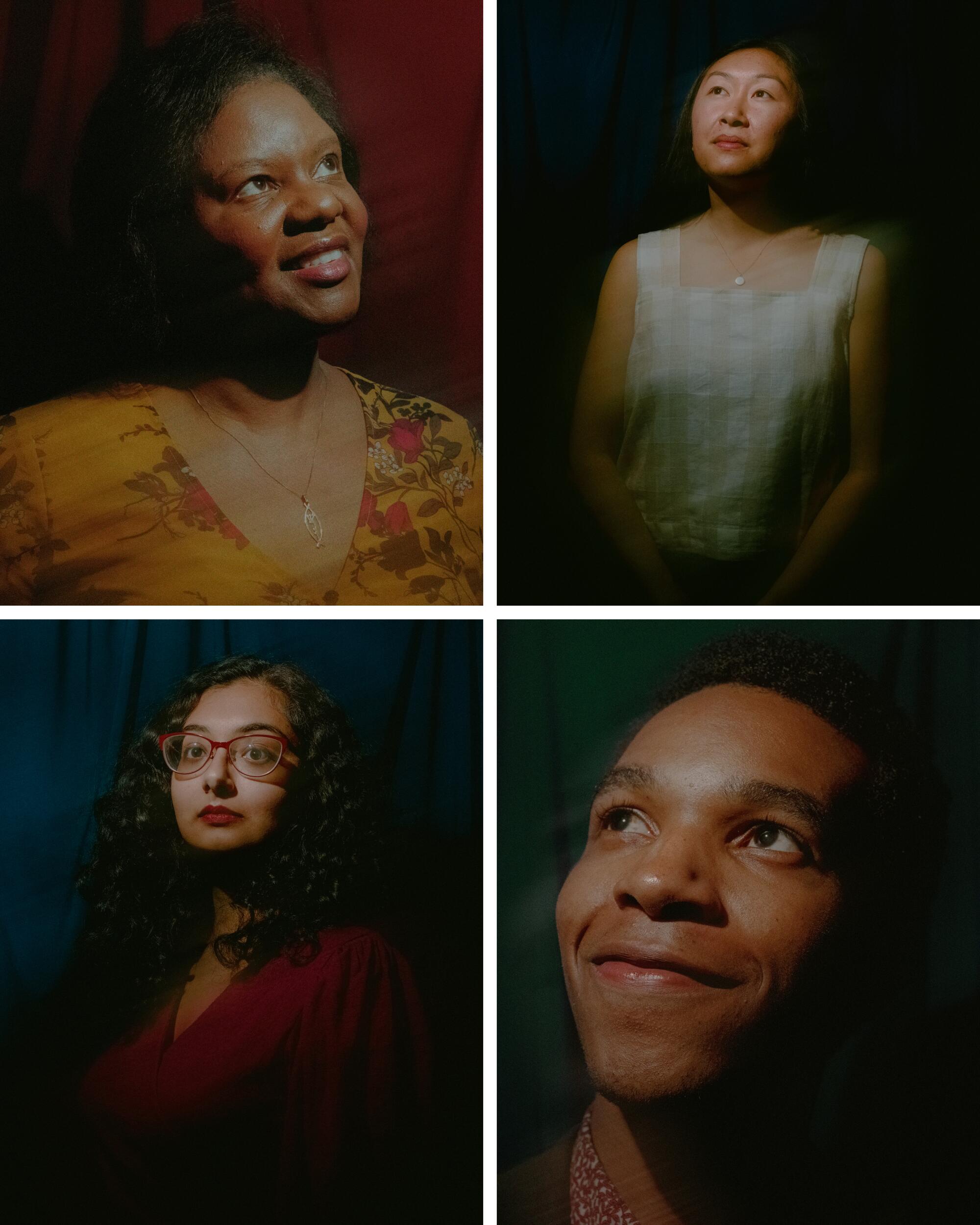 A grid of four images shows four portraits of people in front of red, green and blue backgrounds