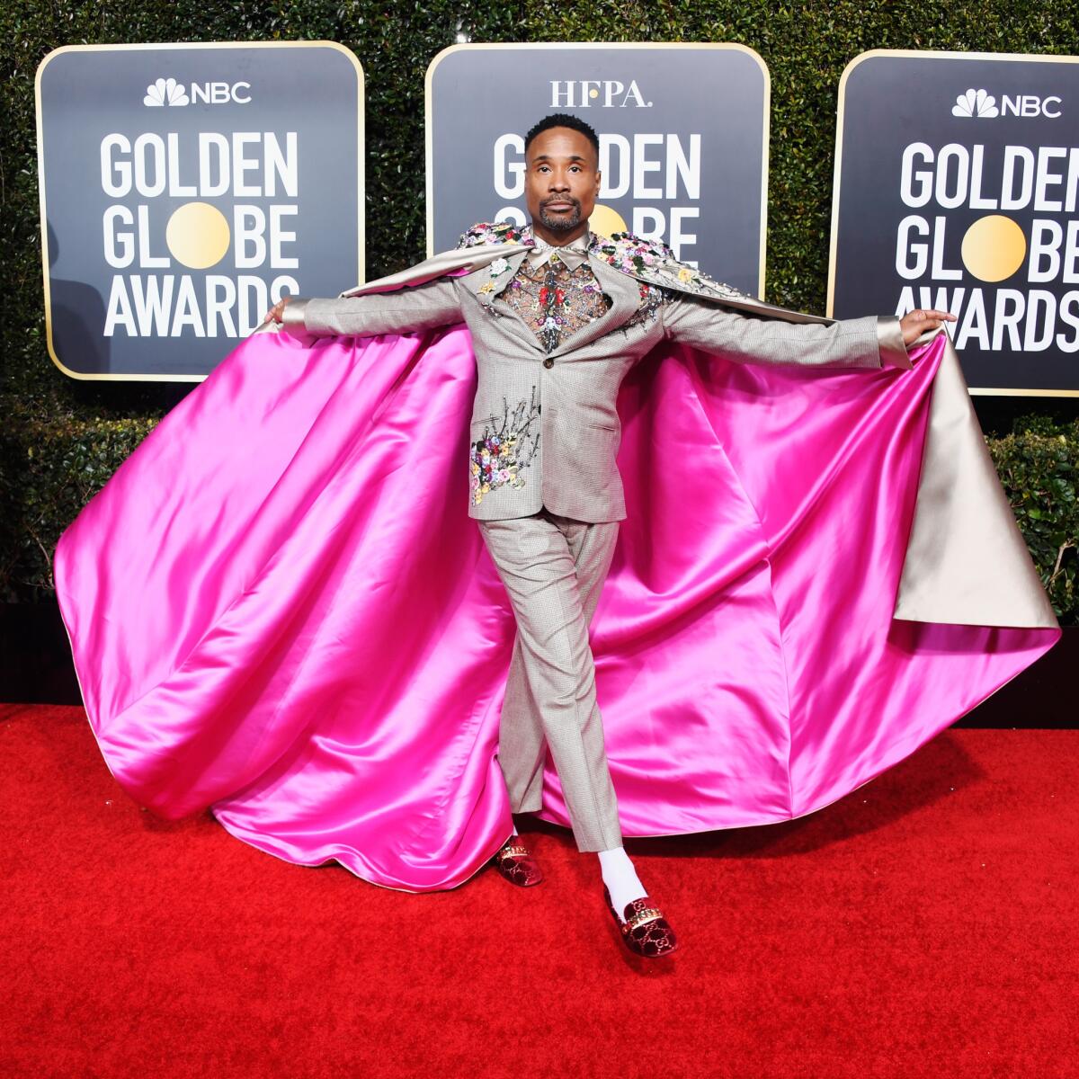 Tony-winning actor and singer Billy Porter at the 76th Golden Globe Awards at the Beverly Hilton Hotel on Jan. 6 in Beverly Hills. His embroidered suit and matching cape were designed by Randi Rahm.