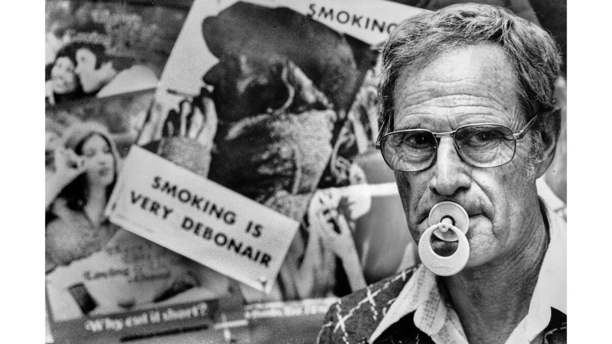 1979: Alex Andres, 68, of Woodland Hills, uses a pacifier as an attention grabber when lecturing to young people on the pitfalls of cigarette smoking.